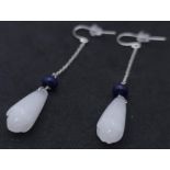 A Pair of Sterling Silver Drop Chain Earrings with White Jade and Lapis Stones. 7cm in length, 6.