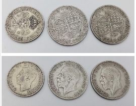 A Parcel of three 1935-1939, Silver British Coins. Featuring two Half Crowns and one, Two Shillings.