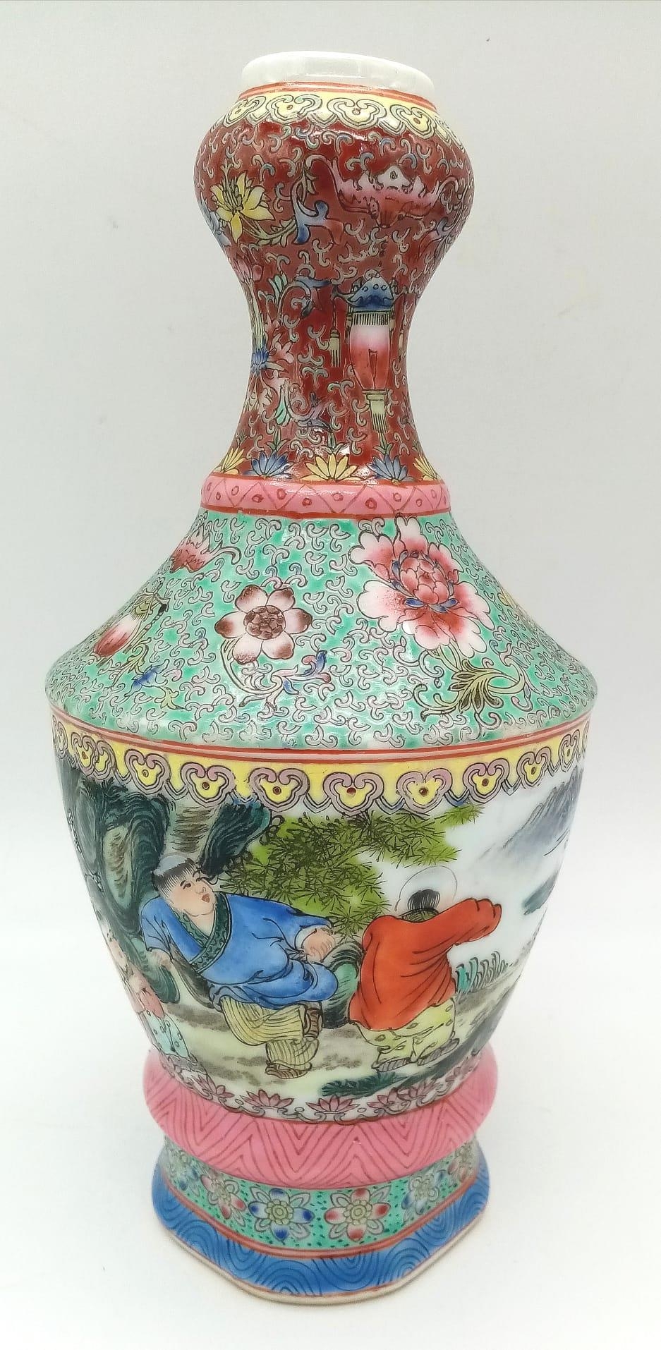 An Antique Chinese Vase. Beautiful hand-painted floral and people scene. Markings on base. 25cm - Image 2 of 4