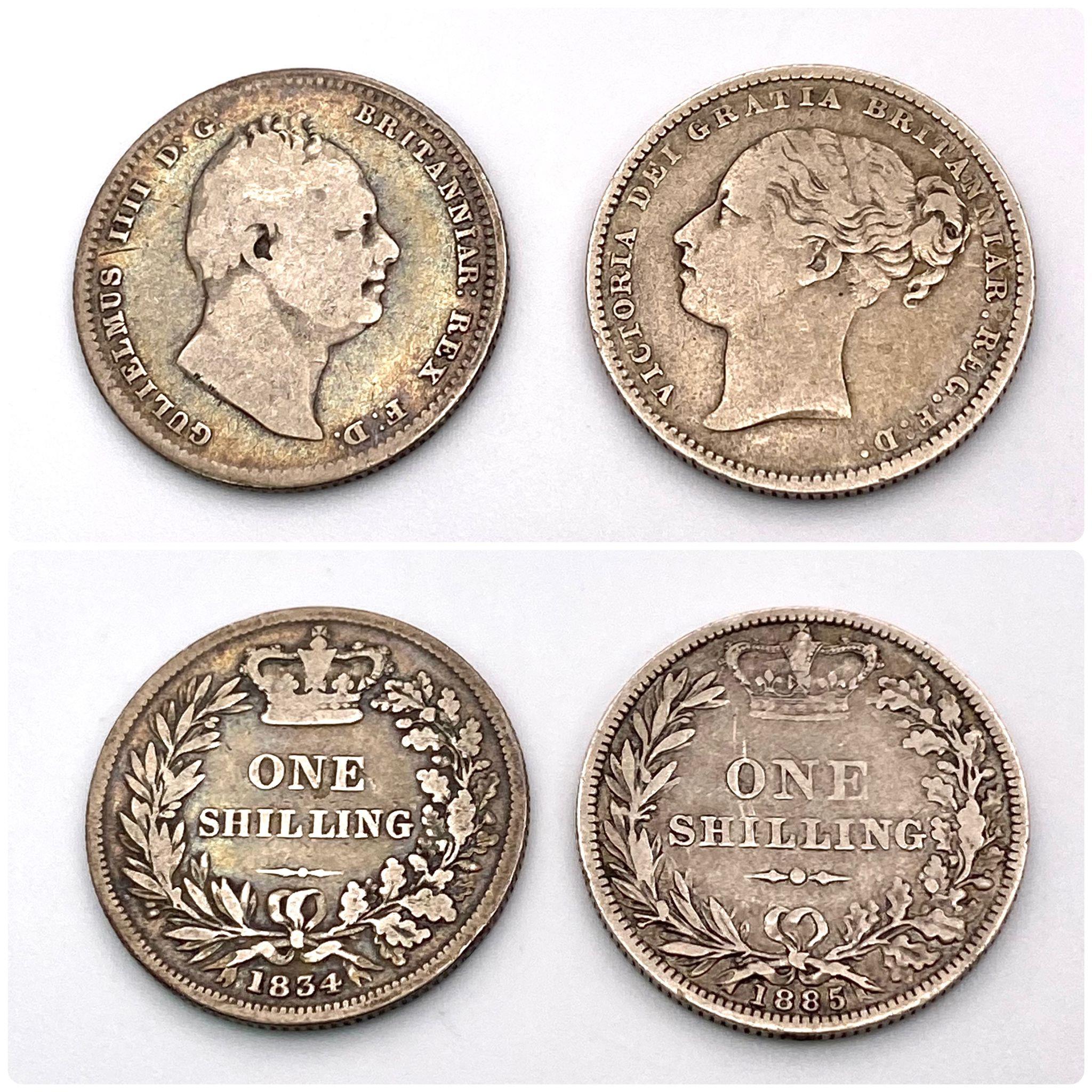 Two Antique British Silver Shilling Coins. 1834 William IV and 1885 Queen Victoria. Please see