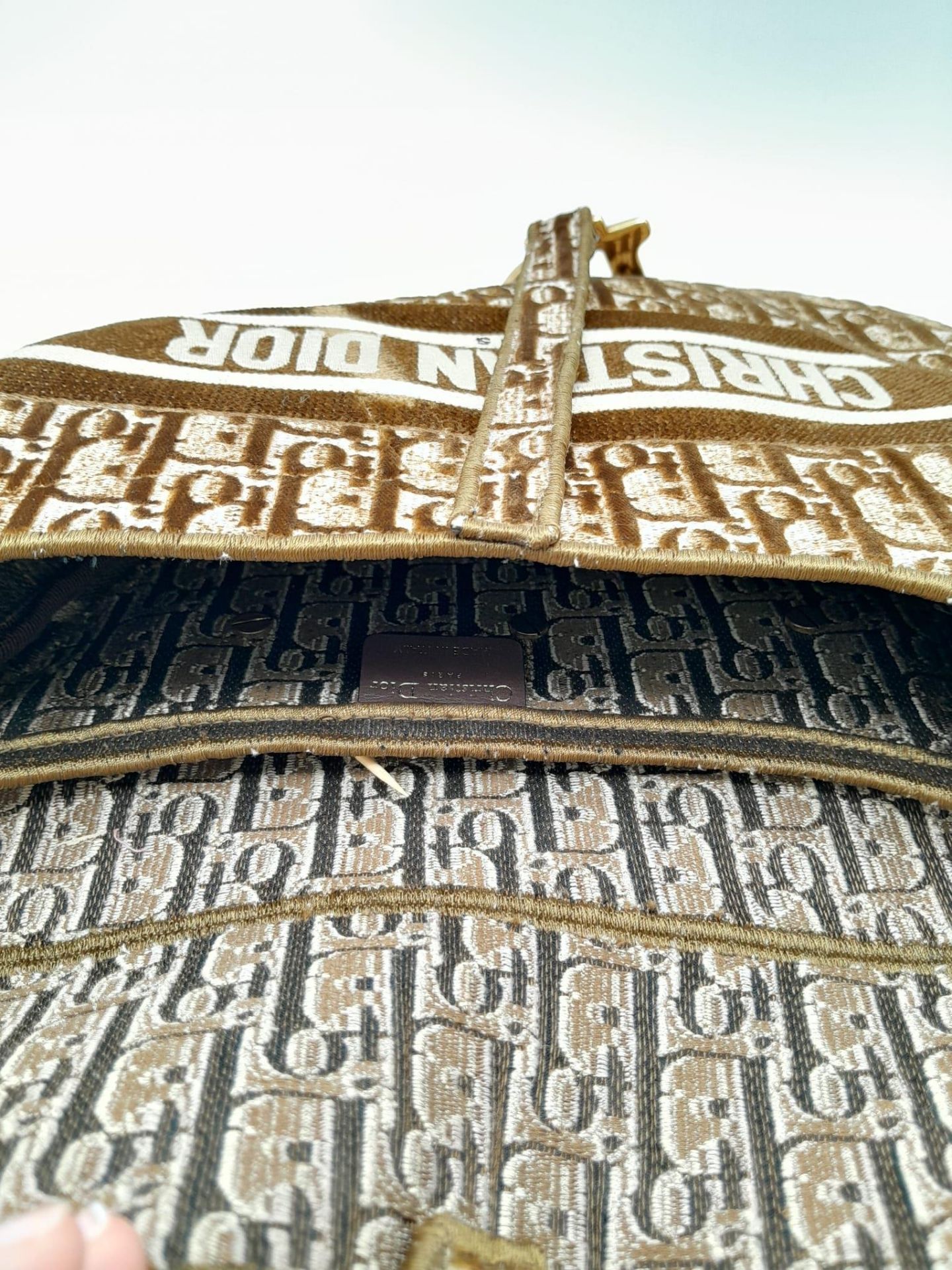 Christian Dior Saddle Handbag. Brown monogrammed velvet bag with gold tone hardware. Additional, - Image 4 of 9