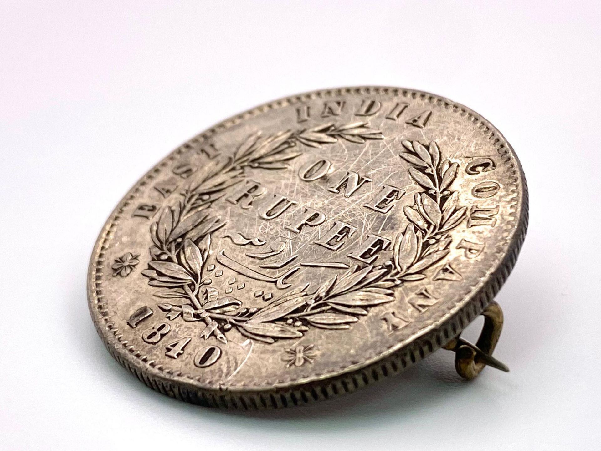An 1840 Silver One Rupee Coin Brooch. - Image 2 of 3