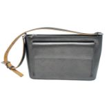 Louis Vuitton Black Leather Handbag. LV monogrammed, silver tone hardware and adjustable 2-toned