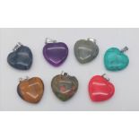 Seven Different Gemstone Heart-Shape Pendants. Includes Amethyst and Tigers Eye. 3cm.