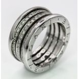 A Beautiful Bulgari 3 Row Expandable Bandeau Ring In 18k White Gold and Diamonds, Band Width 10mm,