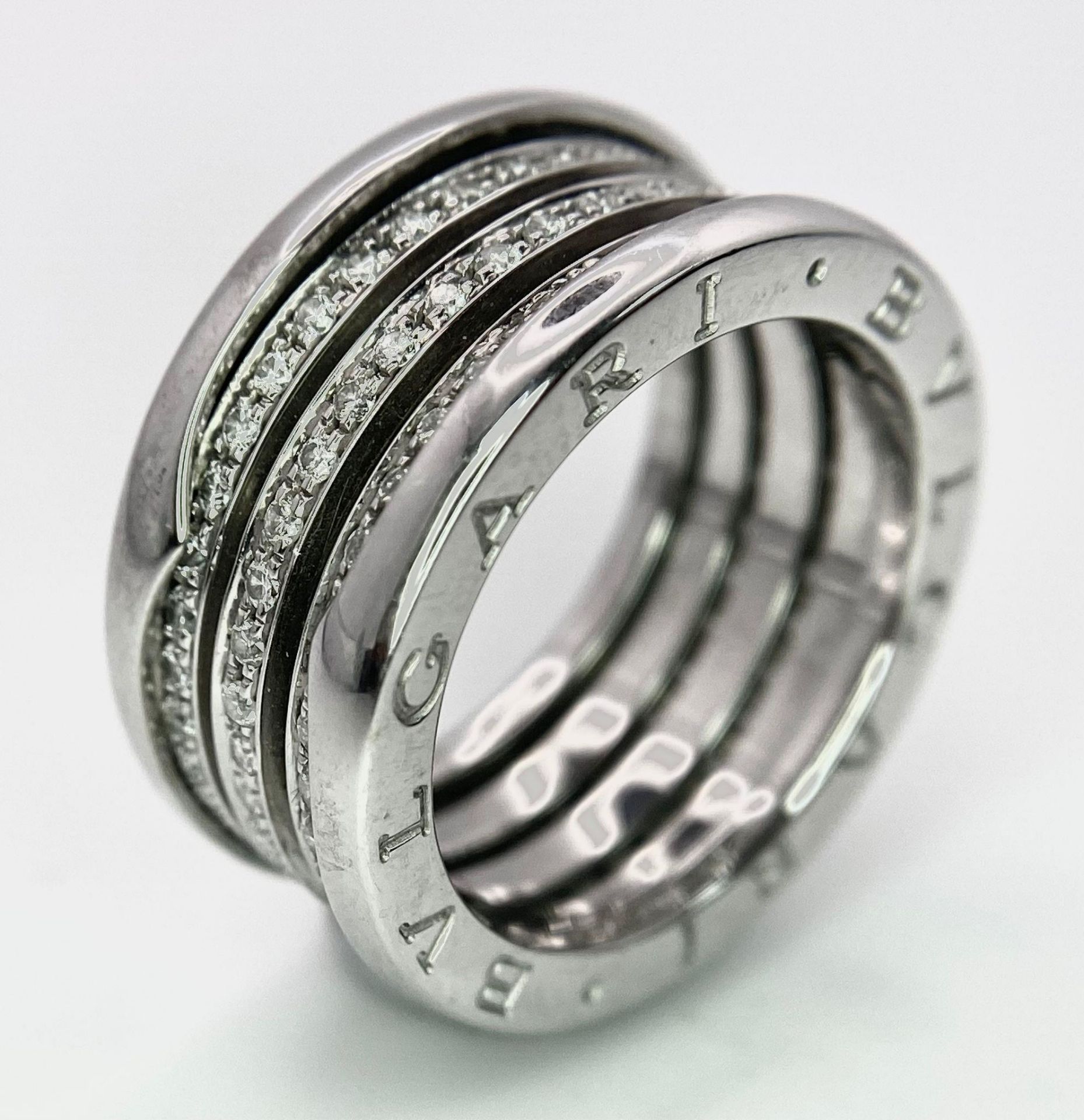 A Beautiful Bulgari 3 Row Expandable Bandeau Ring In 18k White Gold and Diamonds, Band Width 10mm,