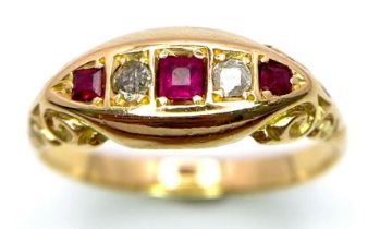 A VINTAGE 18K YELLOW GOLD DIAMOND & RUBY RING. TOTAL WEIGHT 4.3G. SIZE O