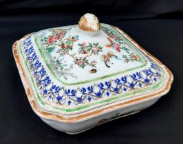 An Antique 18th Century Chinese Hand Painted Ceramic Dish with Cover. Floral and wildlife decoration