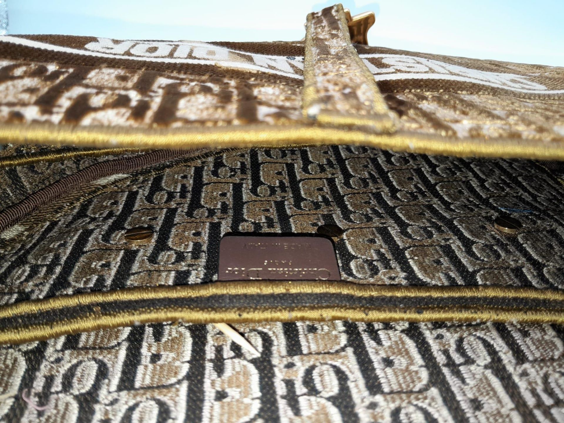 Christian Dior Saddle Handbag. Brown monogrammed velvet bag with gold tone hardware. Additional, - Image 5 of 9