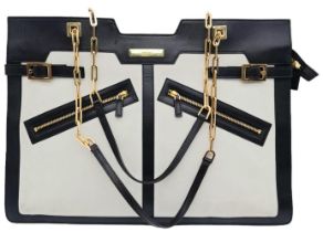 Gucci Leather & Suede Bag. Black leather framing light tanned suede panels with gold tone