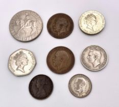A parcel of 8 interesting British Coins. 1x Elizabeth II, Crown 1977 1x Elizabeth II, Euro 96