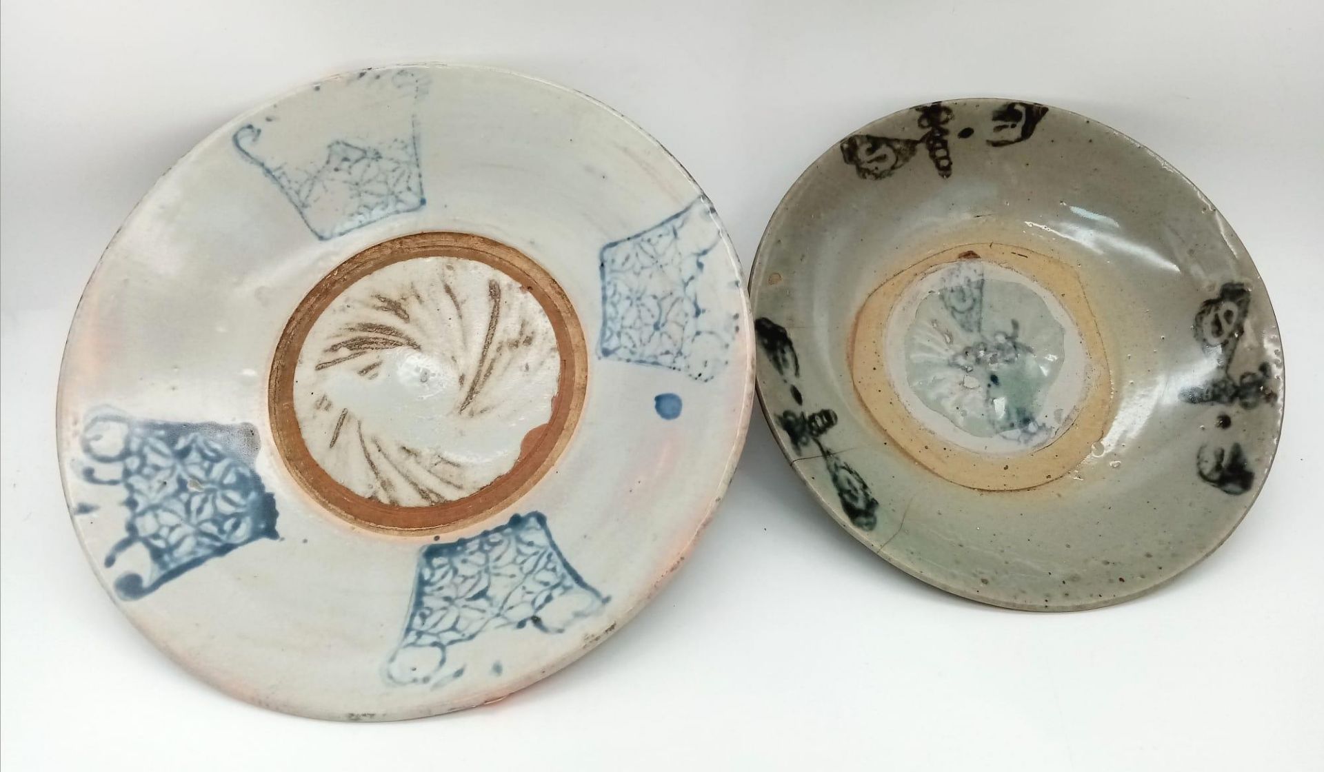 Two 15th Century Chinese Ceramic Bowls. Hand-painted decoration. 19cm and 23cm. Please see photos