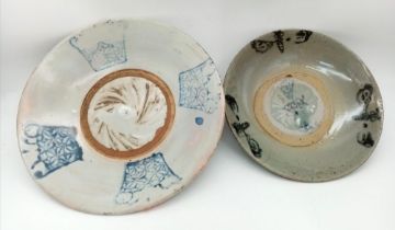 Two 15th Century Chinese Ceramic Bowls. Hand-painted decoration. 19cm and 23cm. Please see photos