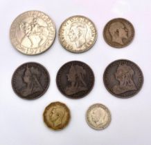 A parcel of 8 interesting British Coins. 1x Elizabeth II, Crown 1977 1x George VI, Half Crown 1943
