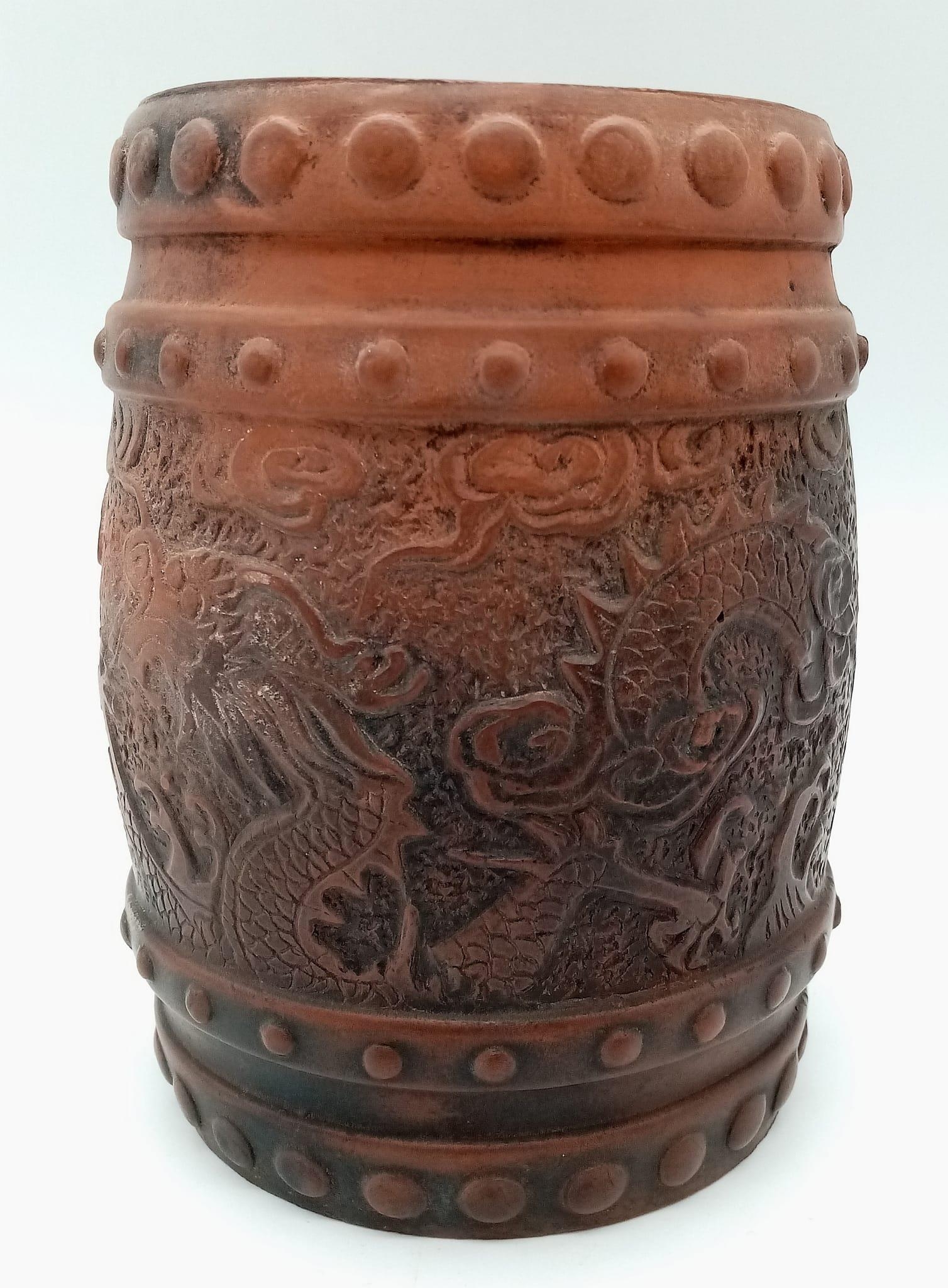 Antique Chinese Yixing Zisha Tea Jar. Beautifully made and inscribed with ancient dragons amongst