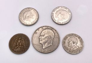 A parcel of 5 Foreign Coins. 1x Liberty One Dollar, USA 1972 1x One Shilling, Republic of Kenya 1978