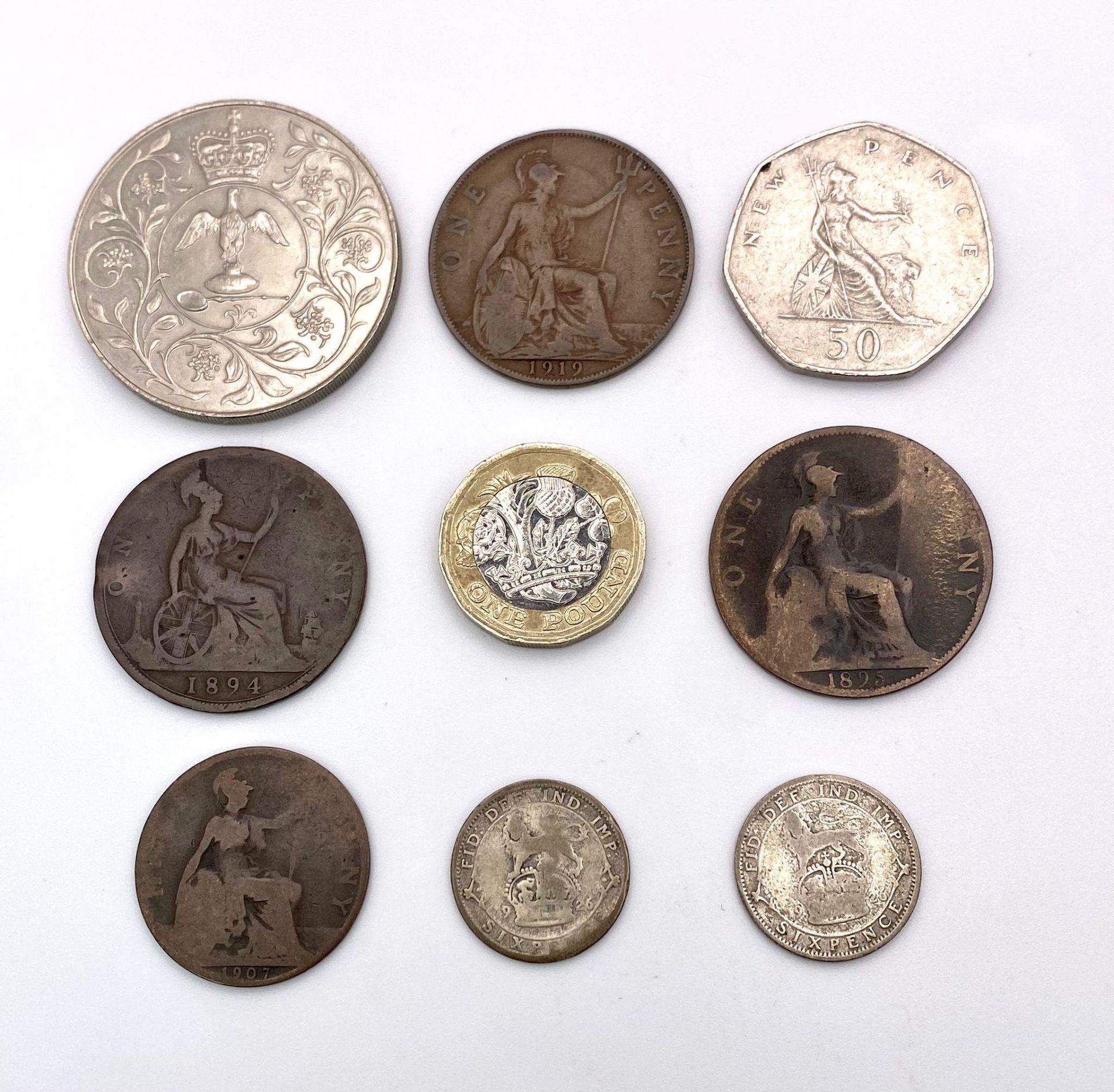 A parcel of 8 interesting British Coins. 1x Elizabeth II, Crown 1977 1x Elizabeth II, New Pence - Image 3 of 3