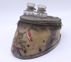 Victorian 21st Lancers Horse Hoof Ink Well. Hand painted badge and a silver shoulder badge on a