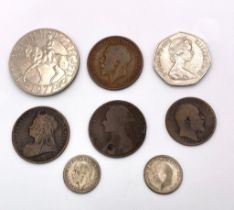 A parcel of 8 interesting British Coins. 1x Elizabeth II, Crown 1977 1x Elizabeth II, New Pence