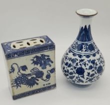 Two Antique Chinese Blue and White Ceramic Pieces - An Incense Burner and Vase. Both items have