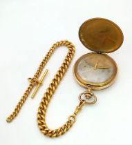 A VINTAGE SINGER "PRECISION" GOLD PLATED POCKET WATCH WITH CHAIN, THE WATCH NEEDING A REPLACEMENT