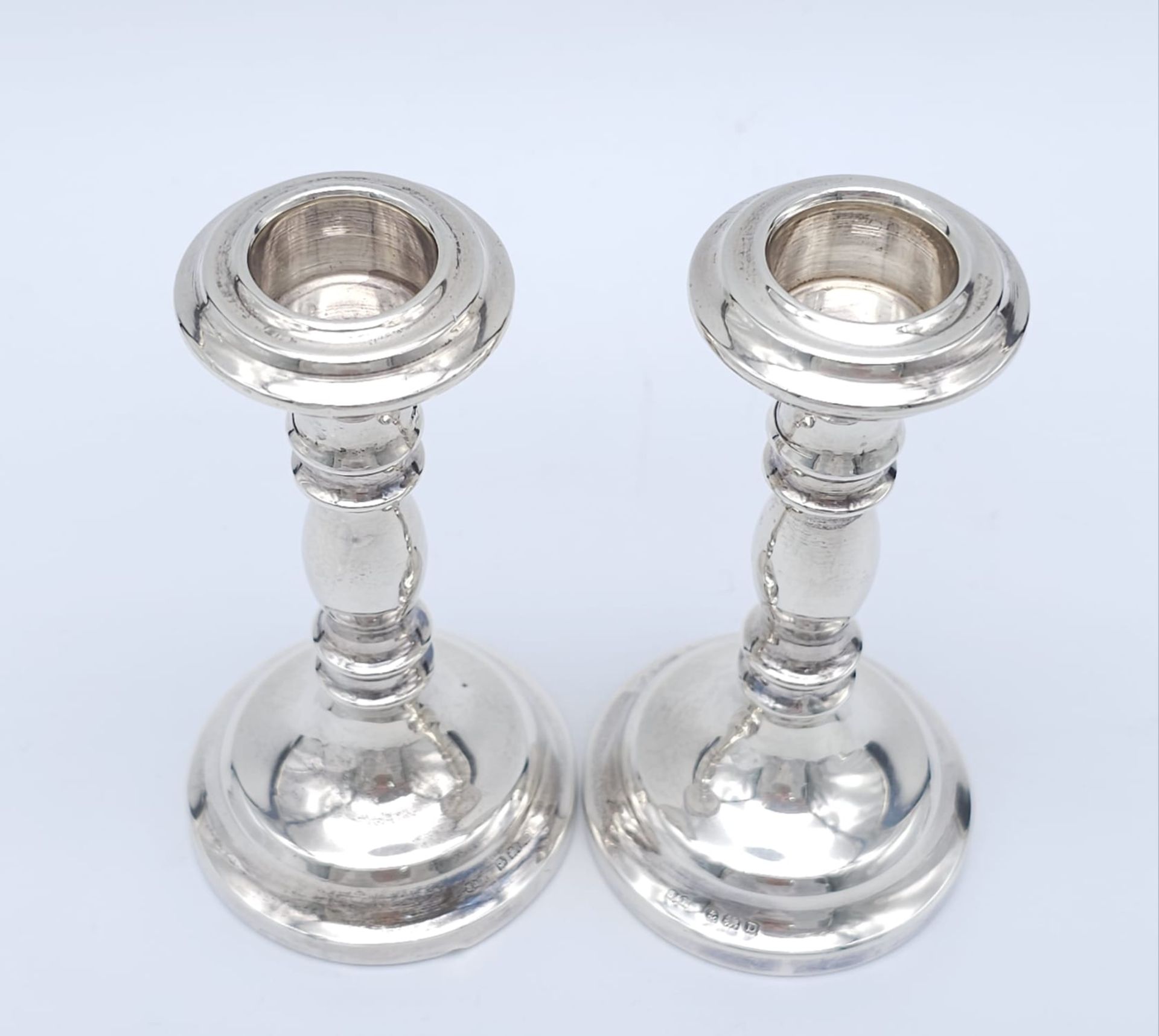A Pair of Almost Antique 925 Sterling Silver Short Candlestick Holders. Hallmarks for Birmingham - Image 2 of 7