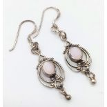 A Vintage Pair of Art Deco Style Rose Quartz Set Filigree Design Earrings. 4cm Length.