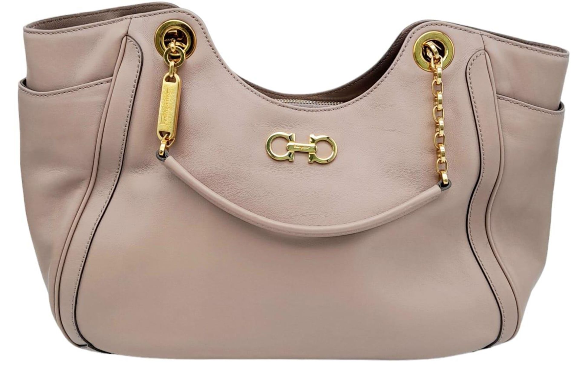 Salvatore Ferragamo Taupe Handbag. Double handle, central zipped compartment, gold tones and