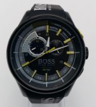 A Designer Higo Boss Gents Chronograph Watch. Black rubbers strap. Ceramic case - 45mm. Black dial