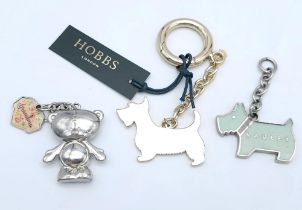 2 Radley Scotty Dog keyring plus a silver-tone teddy bear keyring.