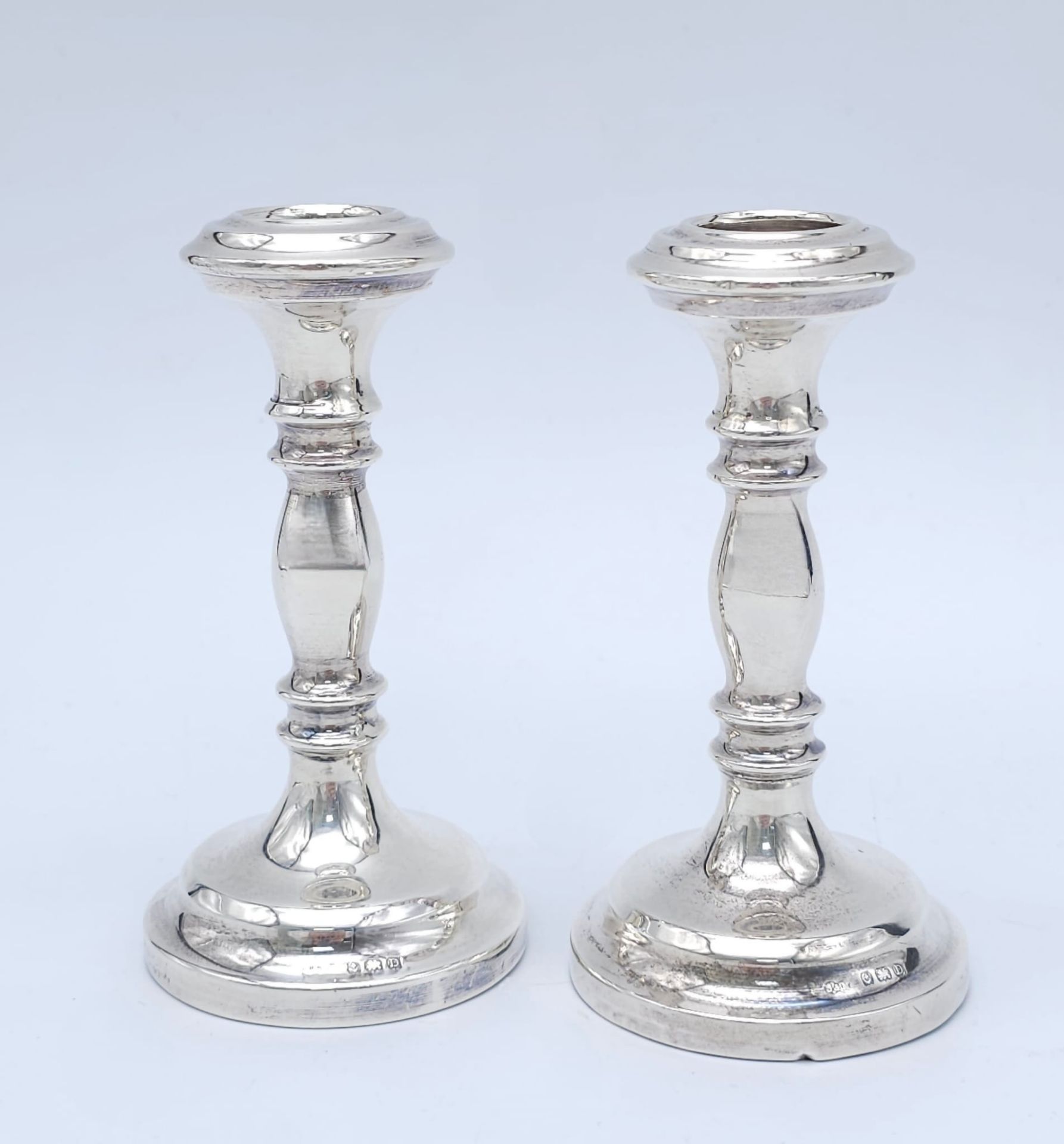 A Pair of Almost Antique 925 Sterling Silver Short Candlestick Holders. Hallmarks for Birmingham