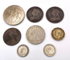 A parcel of 8 interesting British Coins. 1x Elizabeth II, Crown - 1977 1x Elizabeth II, Half