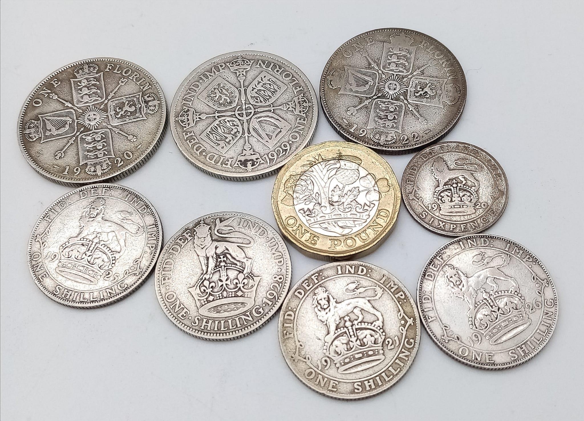 Parcel of Great Britain Coins, 1920-1929. 3x One Florin 4x One Shilling 1x Sixpence Total Weight: - Image 2 of 2