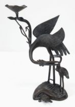 Large Meiji Period Bronze Statue. Featuring Japanese Cranes, a Dragon Turtle and Lotus plant.