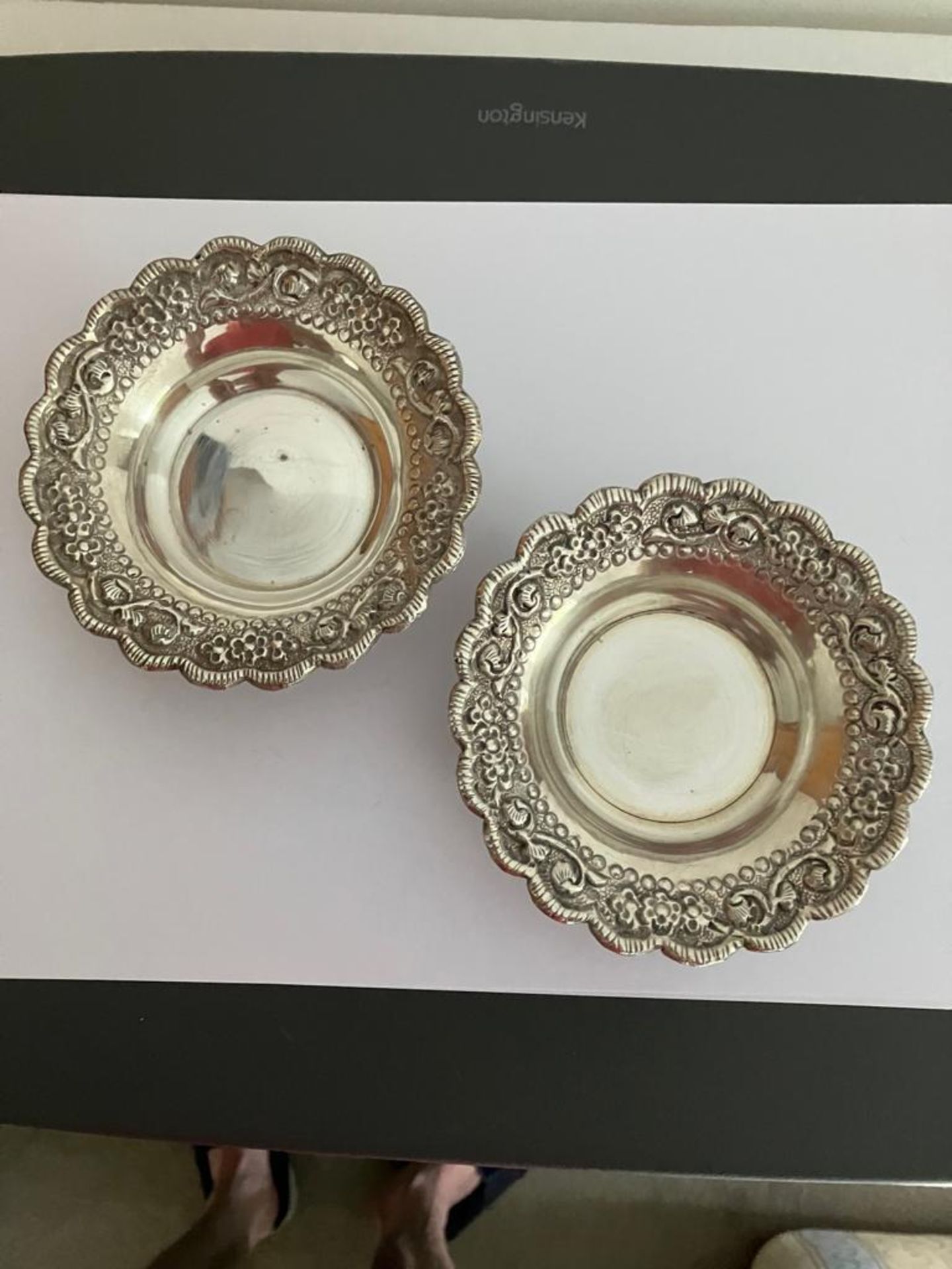 Beautiful pair of PERSIAN SILVER BON BON DISHES. Having intricate design crafted in repousse form.