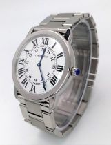 A FABULOUS CARTIER RONDE SOLO WATCH IN STAINLESS STEEL WITH ROMAN NUMERALS ,DATE BOX AND