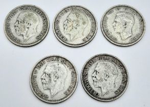A Parcel of five 1931-1938, Silver British 'One Shilling' Coins. Total Weight: 27.8g