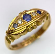 An Antique, Regal 18K Yellow Gold, Diamond and Sapphire Ring. Hallmarks for 1918. Size O. 2.82g