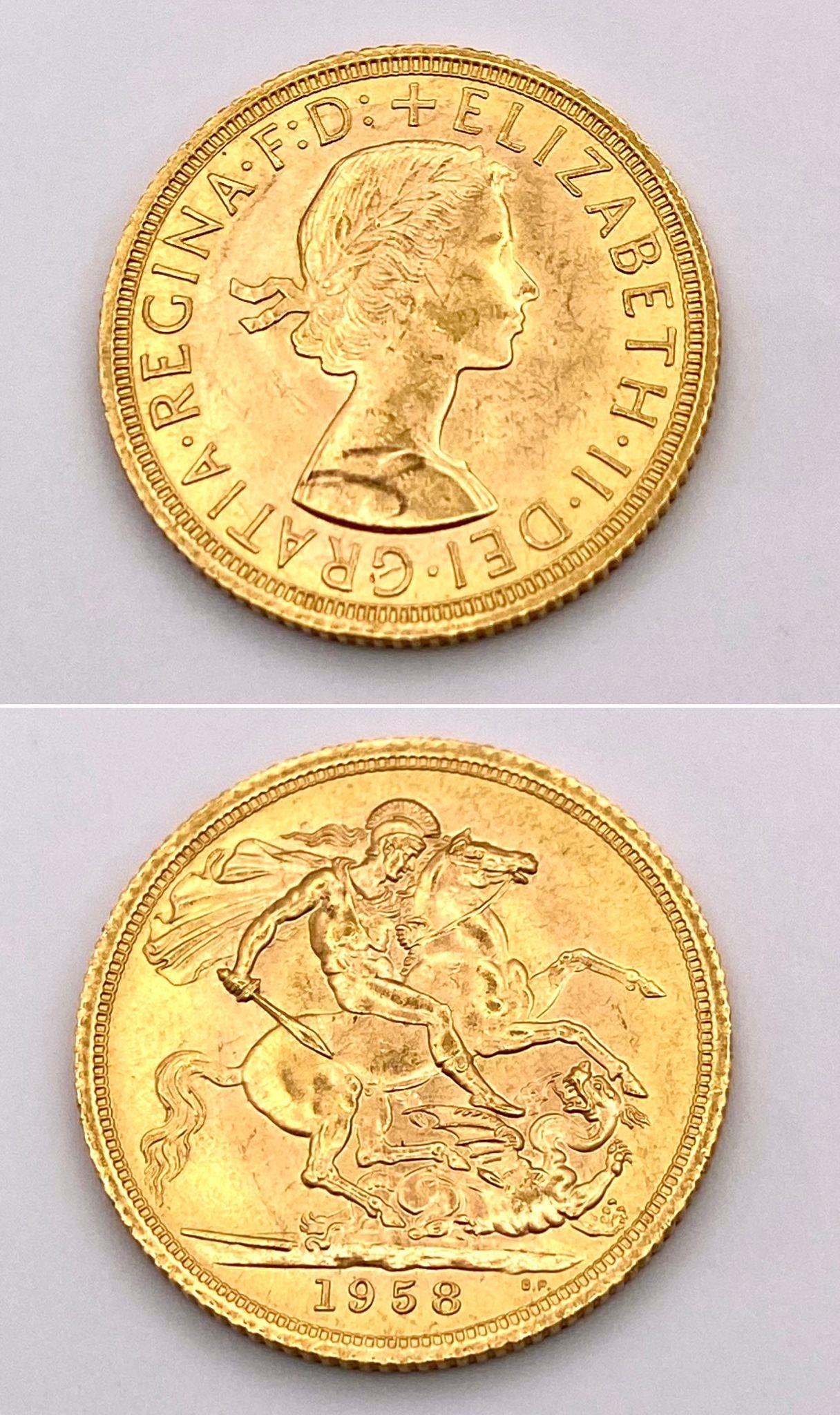 A 1958 Queen Elizabeth II 22K Gold Sovereign. EF.