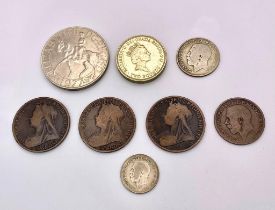 A parcel of 8 interesting British Coins. 1x Elizabeth II, Crown 1977 1x Elizabeth II, Bill of Rights