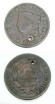 An 1822 Marked USA Coronet Head Large One Cent Holed Coin.