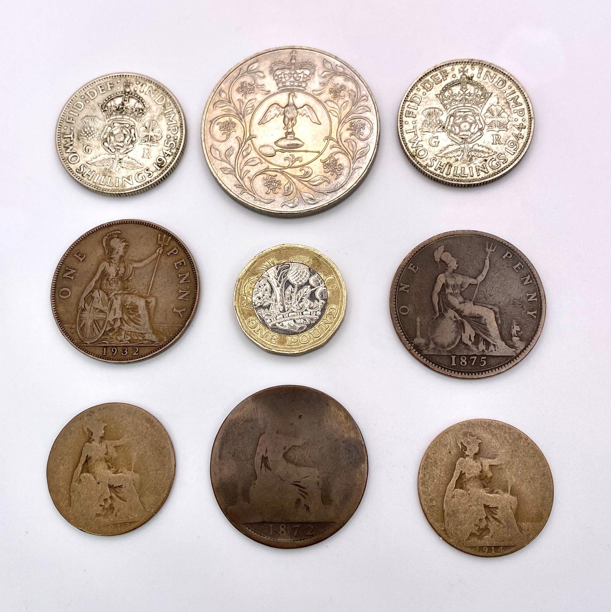 A parcel of 8 interesting British Coins. 1x Elizabeth II, Crown 1977 2x George VI, Two Shilling - Image 2 of 3