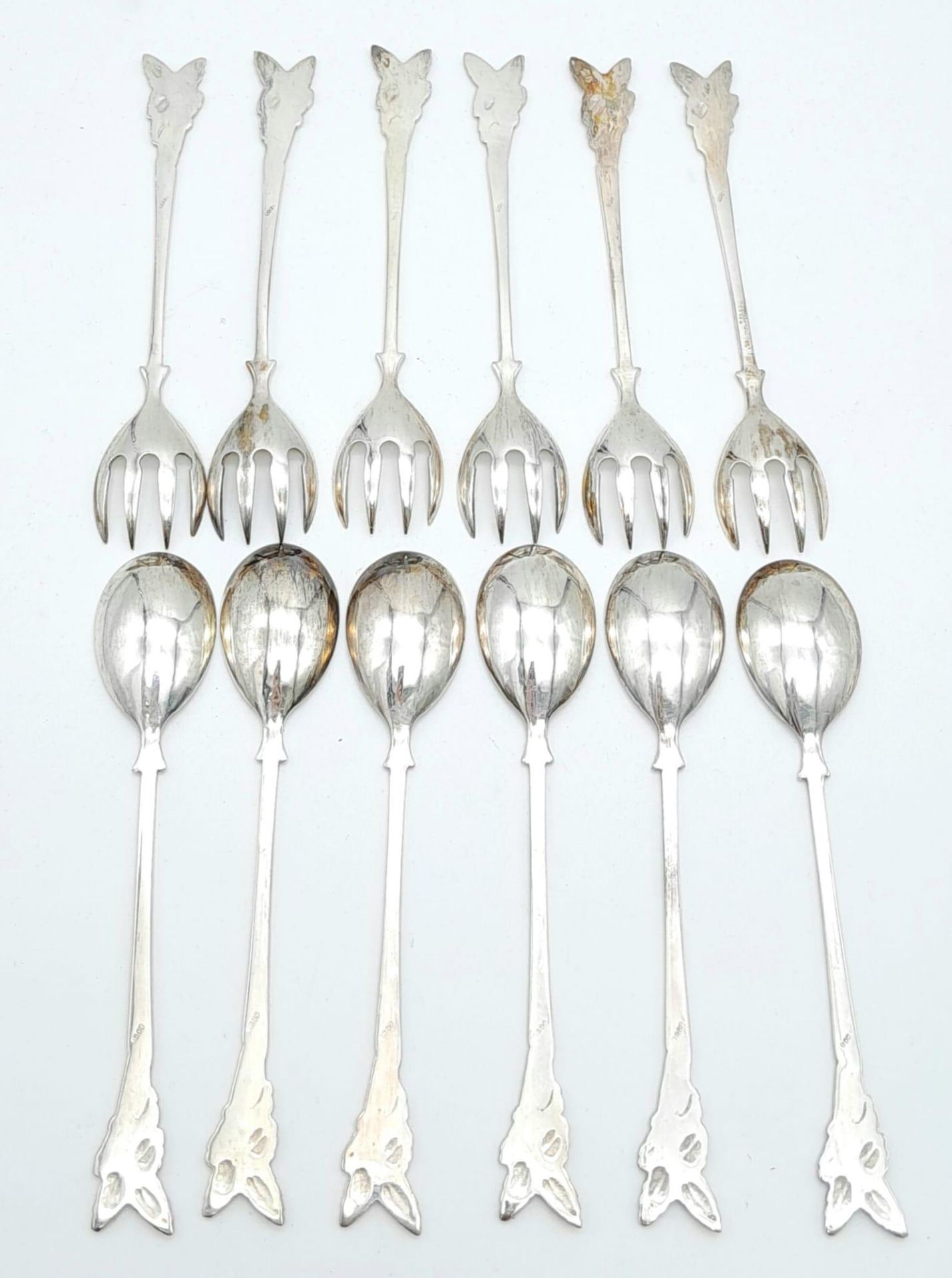 Parcel of antique silver cutlery. Featuring six ornately handled spoons and six forks. Stamped - Image 2 of 4