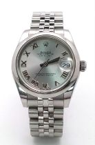A MID SIZE ROLEX PERPETUAL DATEJUST IN STAINLESS STEEL WITH SILVERTONE DIAL AND ROMAN NUMERALS .