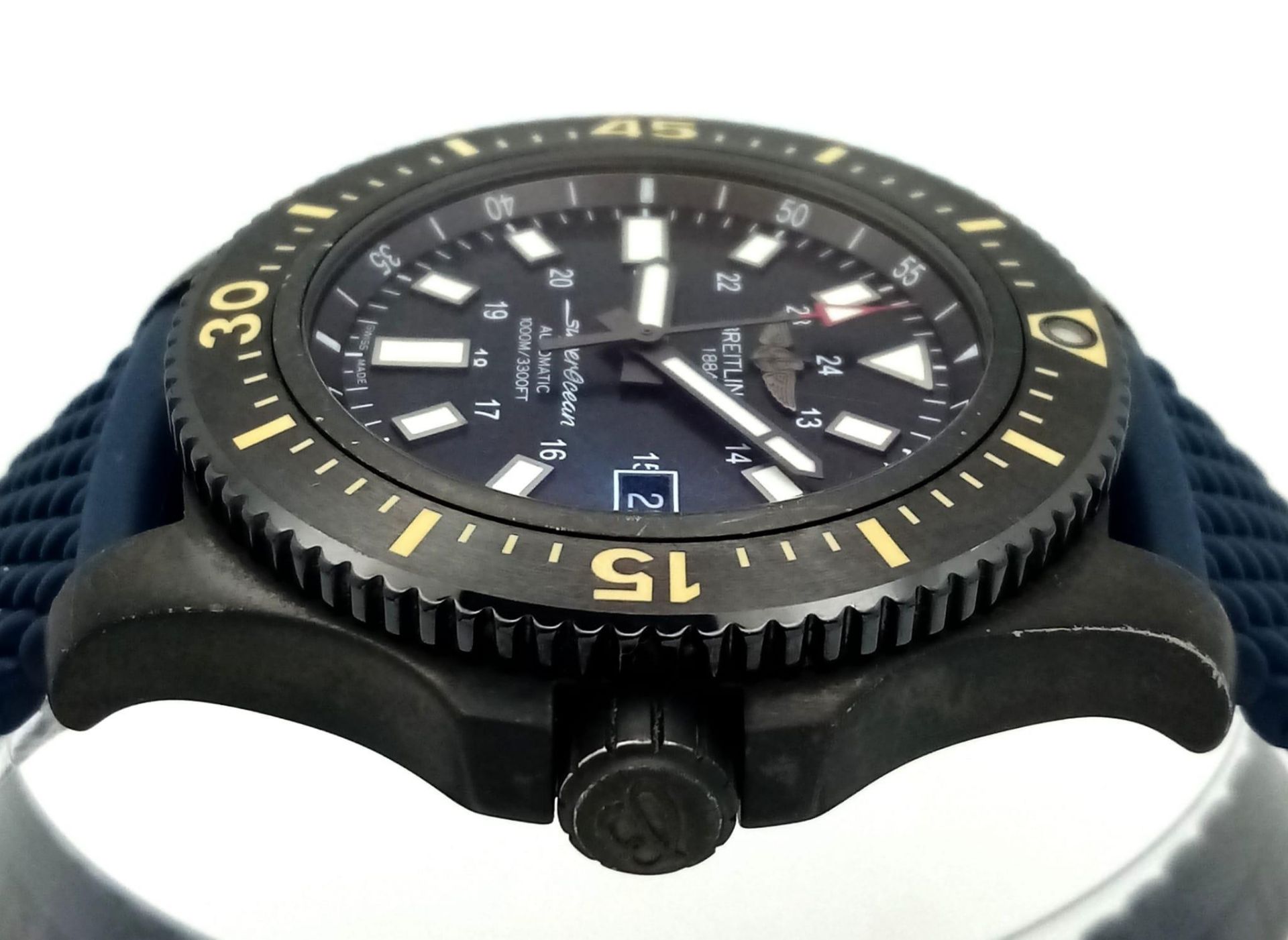 A Breitling Superocean Automatic Gents Divers Watch. Blue textured rubber strap. Titanium case - - Image 6 of 15