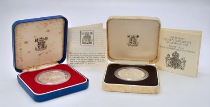 A Parcel of Two Vintage, Royal Mint Issue, Sterling Silver Cased Commemorative Crown Coins Dated