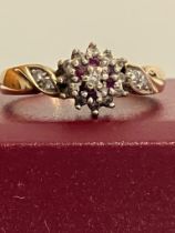 Vintage 9 carat GOLD ,DIAMOND and RUBY CLUSTER RING with sparkling Diamond Shoulders. Full UK