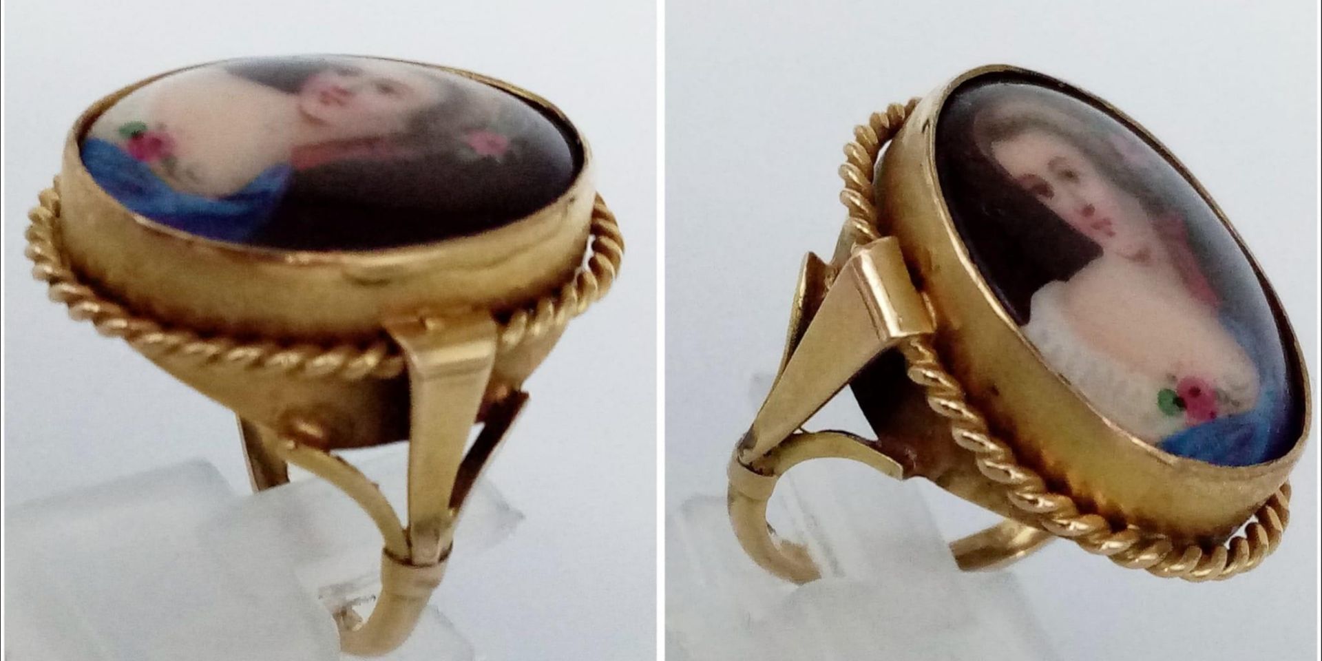 A Wonderful Antique 9K Yellow Gold Portrait Ring. Centre-piece of a hand-painted portrait of a - Image 4 of 9