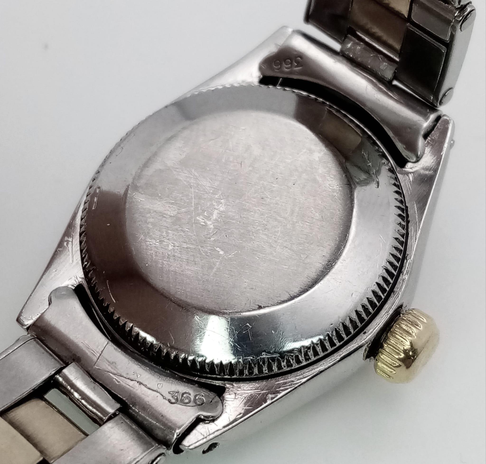 A VINTAGE LADIES ROLEX OYSTER PERPETUAL BI-METAL WRIST WATCH WITH ROMAN NUMERALS AND WHITE DIAL . - Image 7 of 7