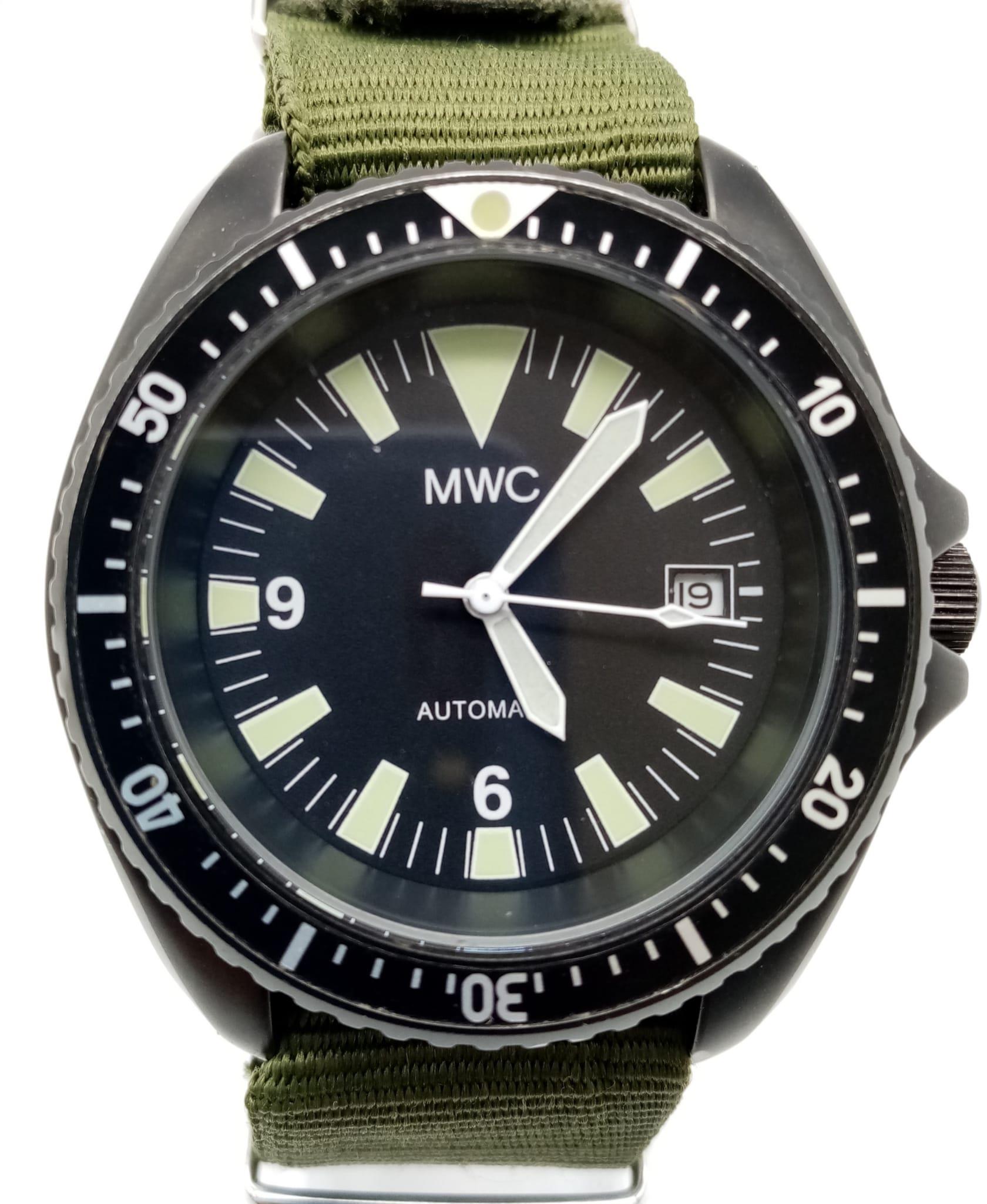 An Excellent Condition, Men’s, Full Military Spec, MWC Automatic Divers Date Watch. Black Hardened